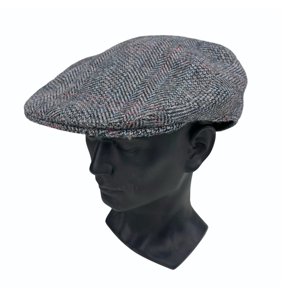 VTG Hanna Hats of Donegal Vintage 90s Irish Wool Herringbone Flat Cap Grey XL